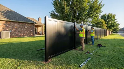 Construction workers in safety vests installing black aluminum privacy fence panels in a residential backyard with brick homes and mature trees visible.