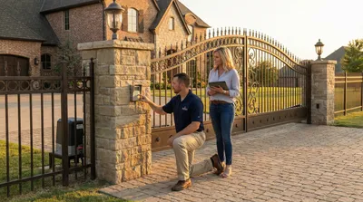 Technician inspects automatic gate motor system at stone and iron driveway entrance while client holds tablet, with ornate wrought iron gates and luxury brick home in background at sunset.