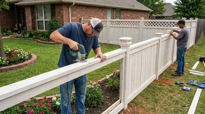 Professional fence installers assembling a white lattice-topped vinyl fence in a landscaped backyard with brick house and flower beds visible. Power tools and installation equipment rest on the grass nearby.