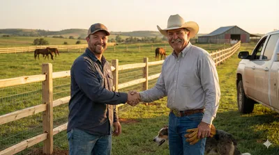 Handshake in front of newly installed wooden horse fence on a ranch property with horses grazing in the green pasture and barn in background during sunset.