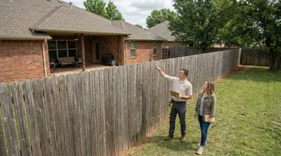 Professional inspector and homeowner examining a weathered wooden privacy fence in a residential backyard with brick home visible in background. Inspector points out areas of concern while holding a clipboard.