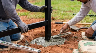 Fence installers secure a black metal post in wet concrete while using a level tool to ensure precise vertical alignment on red clay soil.