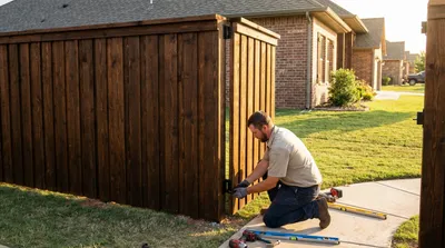 Professional installer kneeling to adjust hardware on a dark wooden privacy fence gate during sunset, with tools laid out on concrete and brick homes visible in background.
