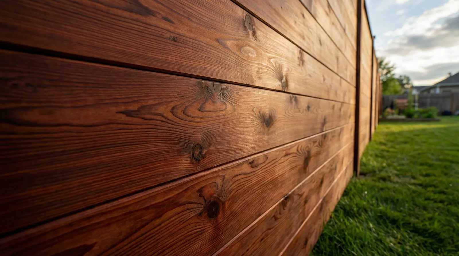 Close-up view of richly stained cedar fence boards installed horizontally, showcasing natural wood grain patterns against a green lawn background in a residential setting.