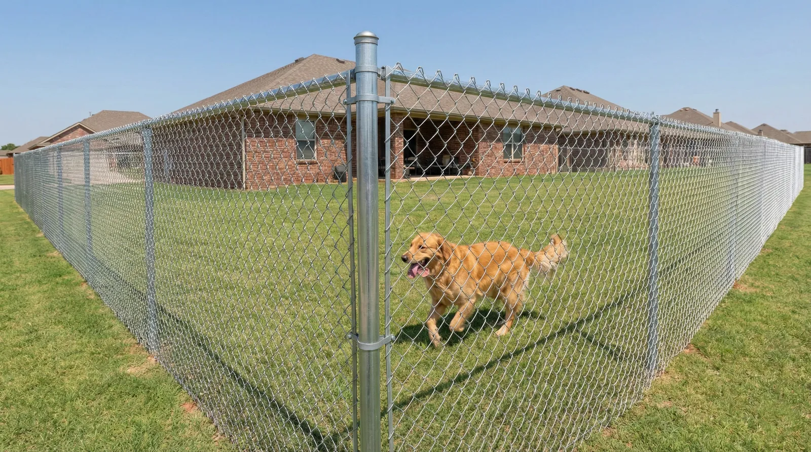 Golden retriever dog running excitedly along a newly installed galvanized chain link fence in a residential backyard with brick homes visible. Professional-grade fence features metal posts and diamond mesh pattern.