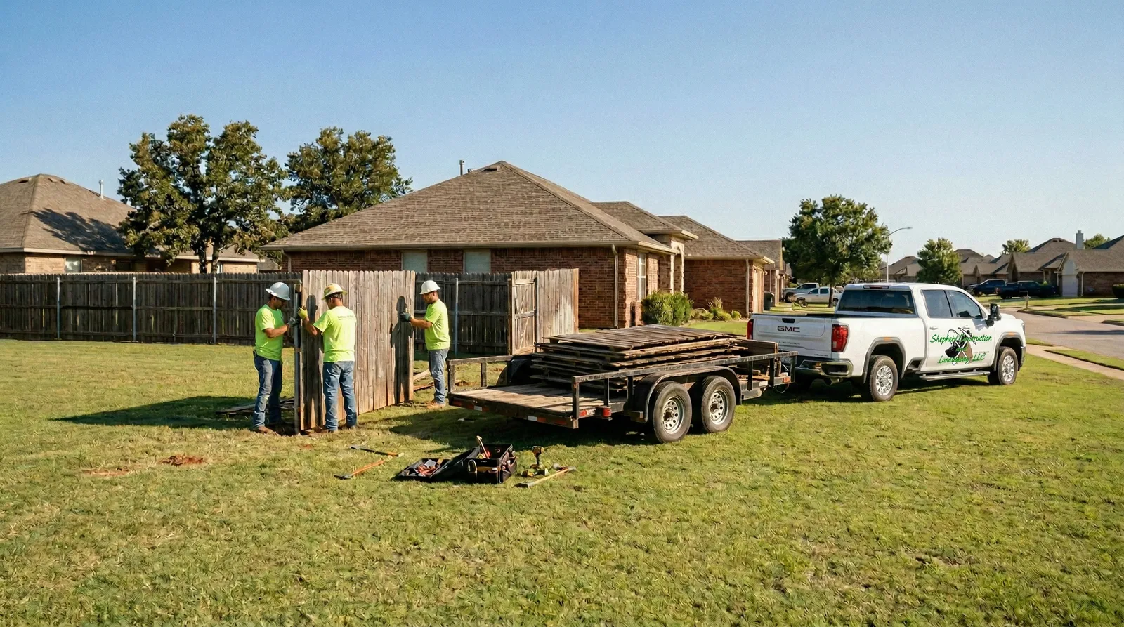 Professional fence crew in high-visibility yellow vests removing wooden fence panels in a residential backyard, with a white GMC truck and trailer loaded with dismantled fence materials.
