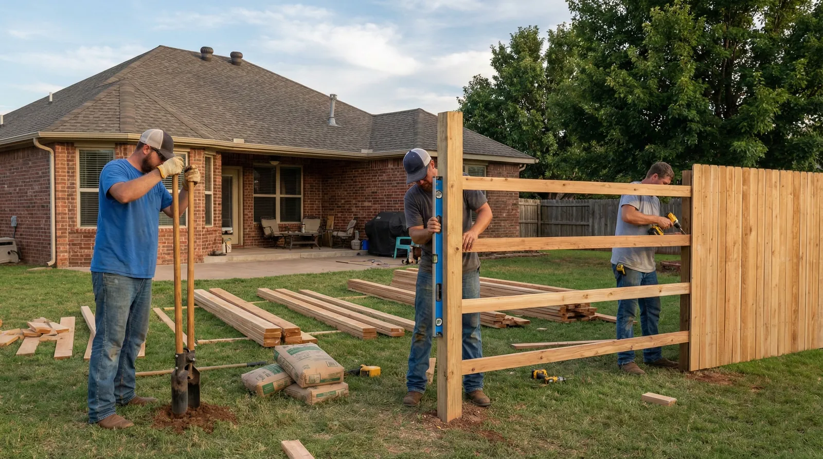 Professional fence contractors installing wooden fence posts and horizontal rails in a residential backyard with stacks of lumber and cement bags visible on the grass. A brick house with a covered patio is visible in the background.