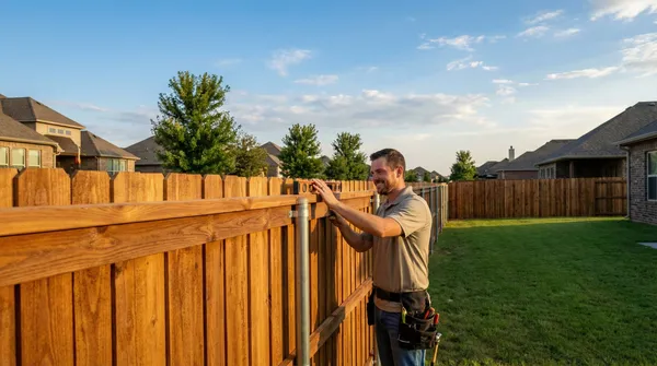 Professional fence contractor installing a cedar privacy fence in Tulsa
