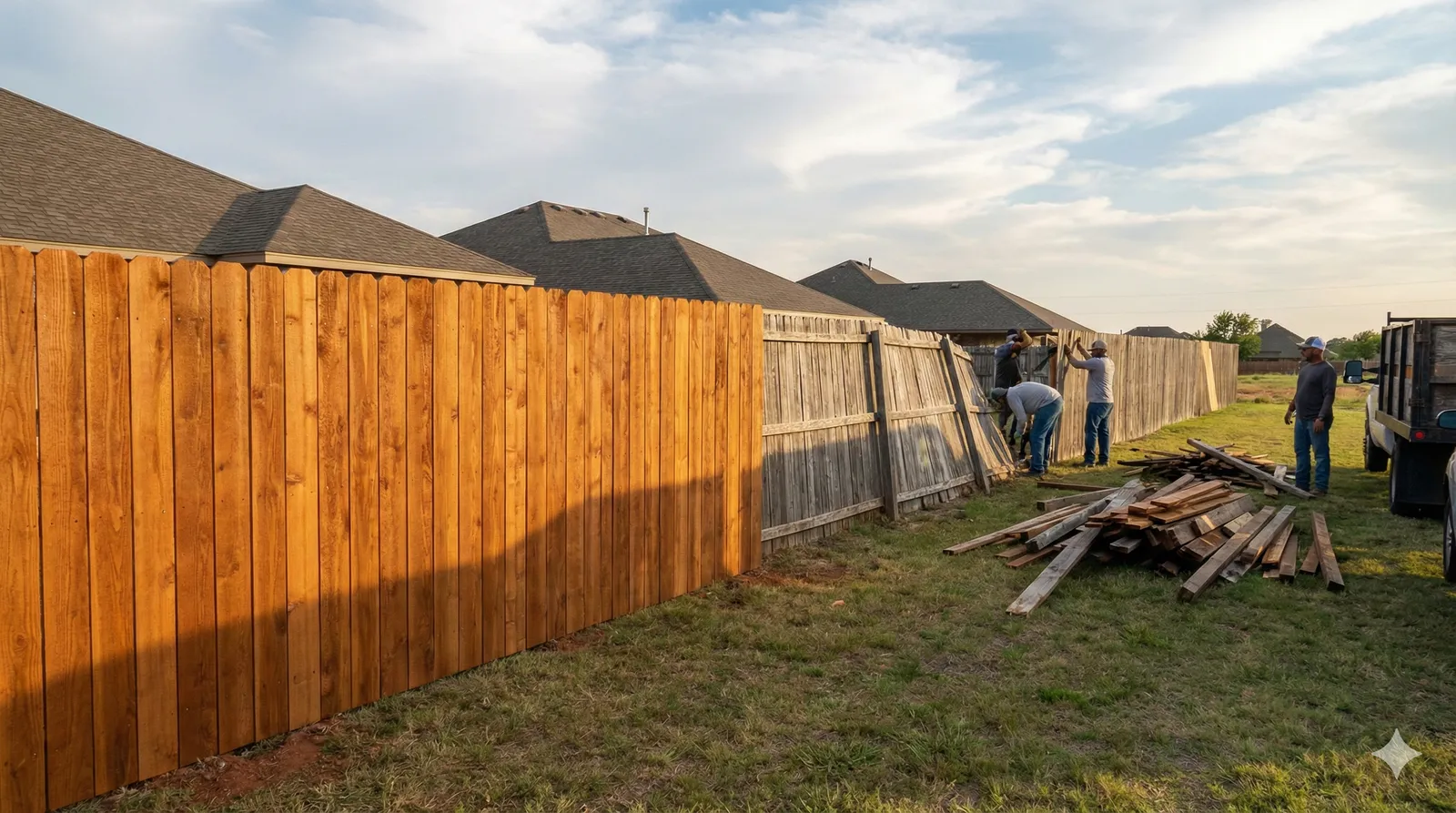 Wooden privacy fence installation in progress showing contrast between new cedar panels and old weathered fence sections, with workers replacing panels in a residential backyard at sunset.