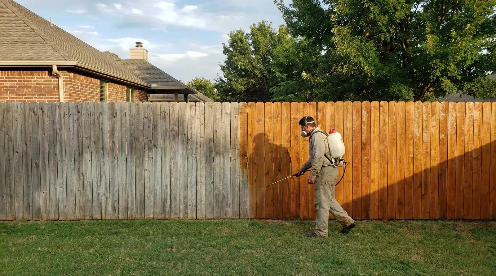 Professional contractor applying wood stain to a residential privacy fence, showing the contrast between treated and untreated sections against the backdrop of a brick house with green lawn.
