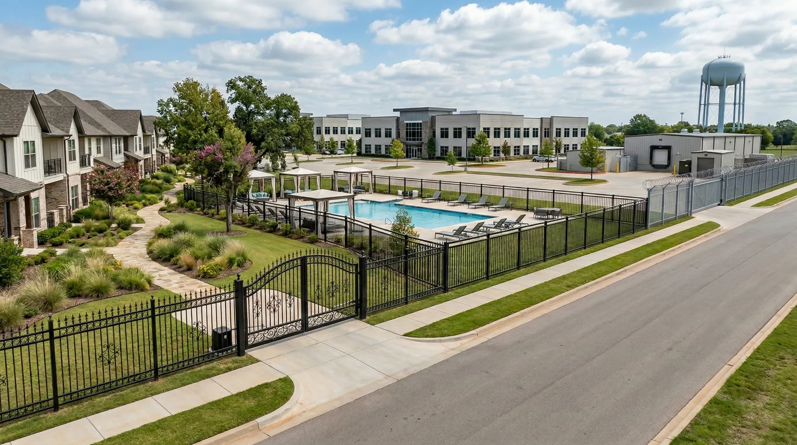 Black ornamental metal fence surrounds an upscale apartment complex with a swimming pool, landscaped grounds, and decorative ornamental gates, with a blue water tower visible in the background.