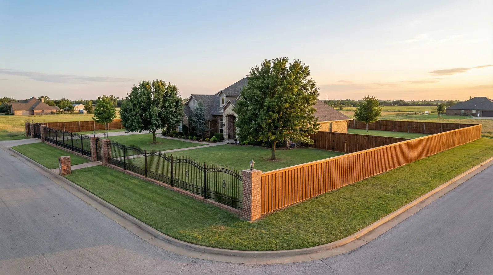 Corner lot showcasing two types of perimeter fencing: a wooden privacy fence and decorative black metal fencing with brick columns, both surrounding well-maintained lawns at sunset in a suburban neighborhood.