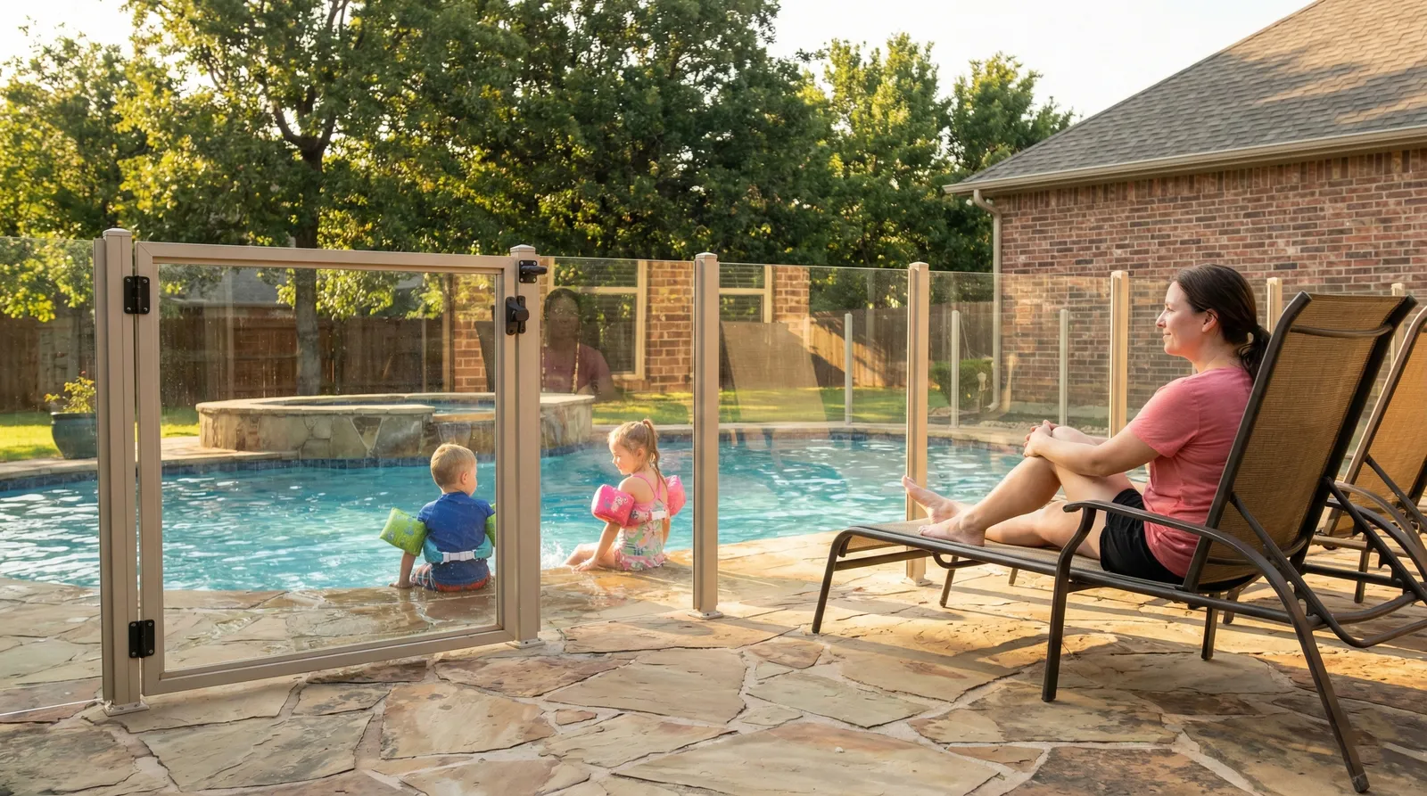 Modern glass pool fence surrounding an inground pool with stone patio and lounge chairs at a brick home during golden hour sunlight. Small children sit safely behind the transparent barrier.
