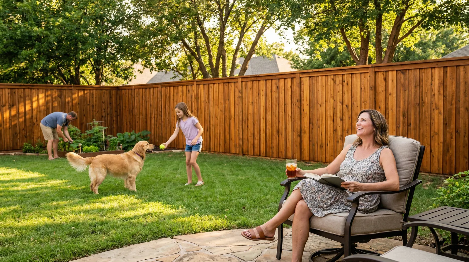 Backyard scene with tall cedar privacy fence surrounding a lush green lawn, where family members garden and play while a golden retriever runs freely on the grass. A stone patio features comfortable outdoor furniture in the foreground.