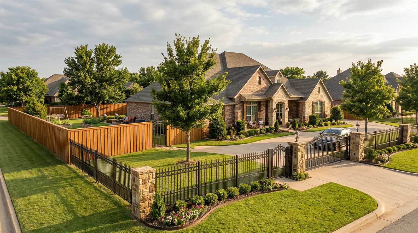 Upscale stone and brick homes with manicured lawns protected by ornamental black iron fencing in front and natural wood privacy fencing in back. Stone pillars accent the metal fence sections along a curved concrete driveway.