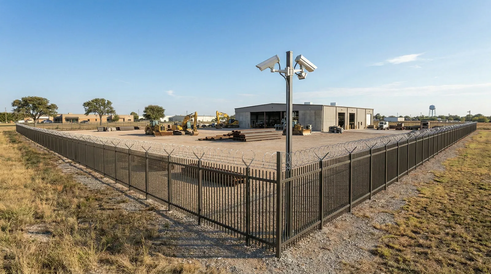 Industrial property secured by high black steel security fencing with razor wire and surveillance cameras, featuring construction equipment and a metal warehouse building inside the perimeter.