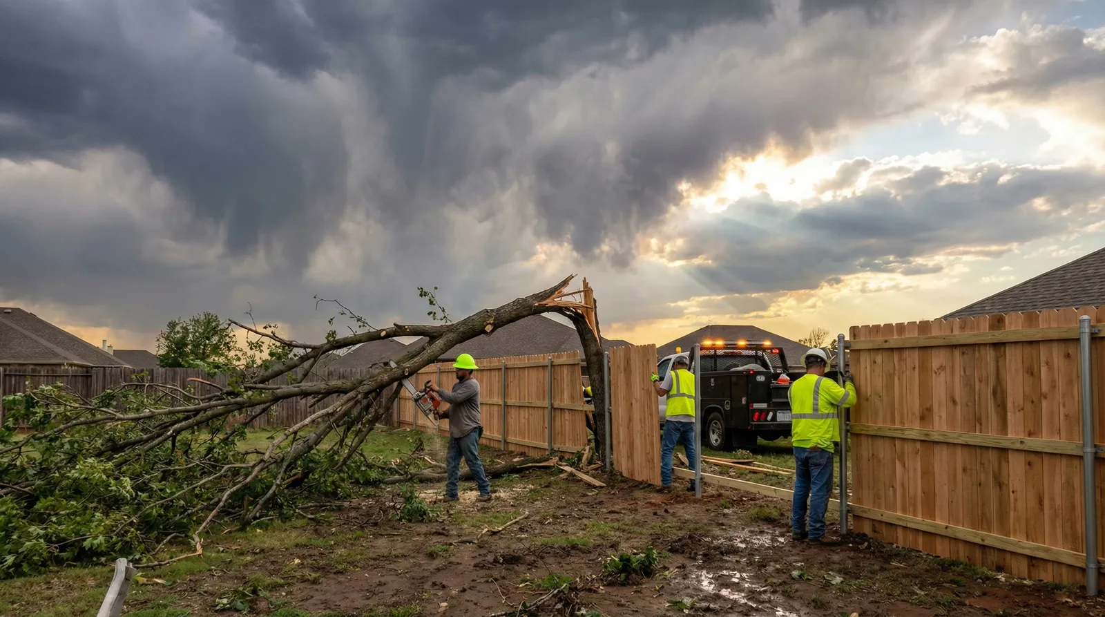 Workers in high-visibility vests repair a wooden privacy fence damaged by a fallen tree branch during dramatic stormy weather with dark clouds and sunbeams breaking through