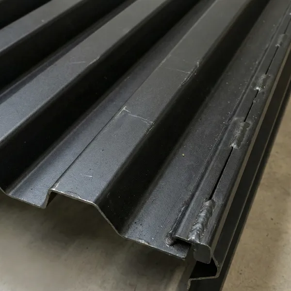 Close-up view of black powder-coated steel fence panel showing welded joints and ribbed profile detail against a concrete surface.