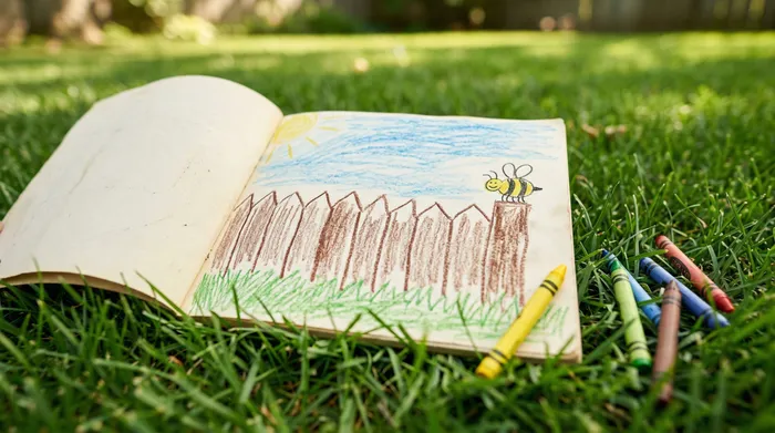 A child's sketchbook lying in green grass showing a crayon drawing of a backyard fence with a small yellow and black bee sitting on the corner post