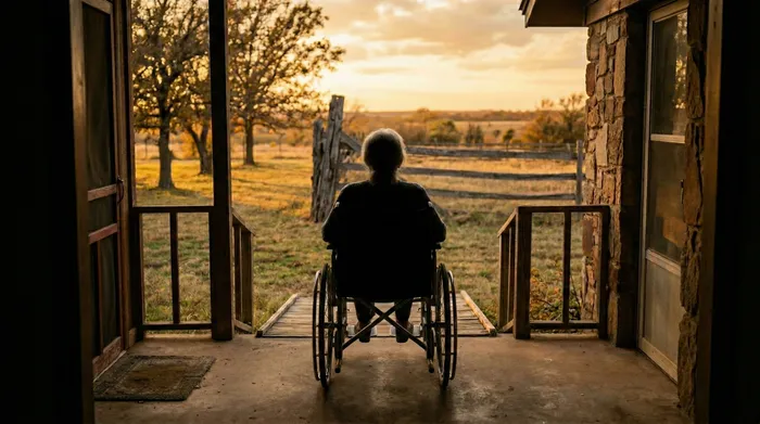 Elderly woman seen from behind, sitting peacefully in a wheelchair on a back porch, looking out at a cedar fence line in a flat Oklahoma backyard at golden hour