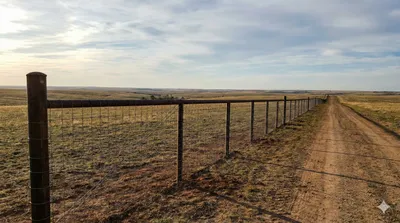 Long metal and wire perimeter fence stretches along a dirt road through rolling grassland terrain under cloudy skies. Dark wooden posts support wire mesh fencing that extends toward the horizon.