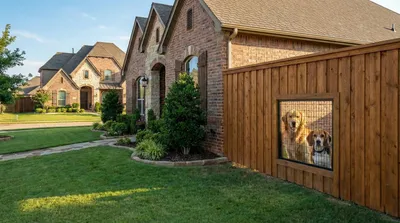 Two dogs peek through a custom window opening in a cedar privacy fence, with brick luxury homes and manicured lawns visible in the background of an upscale neighborhood.