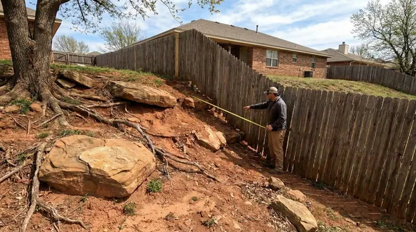 Contractor measuring steep rocky terrain with exposed tree roots and red clay soil along a wooden privacy fence in a residential backyard.