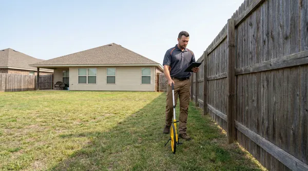 Professional contractor measuring along a wooden privacy fence in a residential backyard with a measuring wheel and clipboard, adjacent to a tan-colored house with windows.