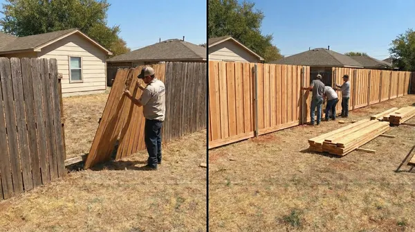Side-by-side comparison showing a weathered wooden fence being replaced with new cedar fencing in a residential backyard, with construction materials visible on the ground.