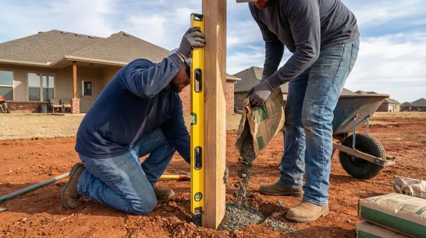 Construction workers set wooden fence posts in concrete on red clay soil, using yellow levels to ensure precise alignment. Residential homes with brick and tan siding visible in background.
