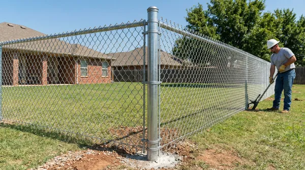 Professional installer stretching galvanized chain link fencing between metal posts in a residential backyard with brick house visible in background.