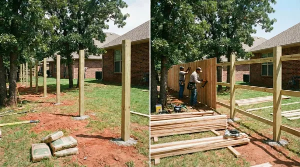 Side-by-side progress photos showing wooden fence installation, with posts set in concrete on red clay soil on the left, and workers installing cedar pickets between posts on the right, next to a brick house with shaded lawn.