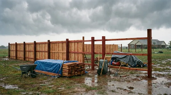 Partially constructed wooden privacy fence with construction materials covered by blue tarps on muddy ground under dark stormy clouds.