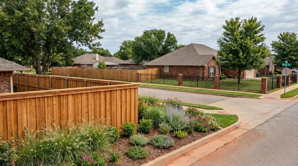 Cedar privacy fence with brick columns spans along a landscaped suburban sidewalk, featuring ornamental grasses and flowering plants in mulched beds against a backdrop of brick homes and mature trees.