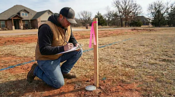 Professional contractor in work vest kneeling on red Oklahoma soil, taking measurements next to a wooden stake with pink marking tape in a residential property with brick homes in background.